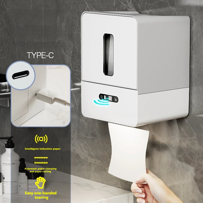 Automatic sensor toilet paper holder with USB cable dispensing tissue, wall-mounted bathroom unit with motion sensor