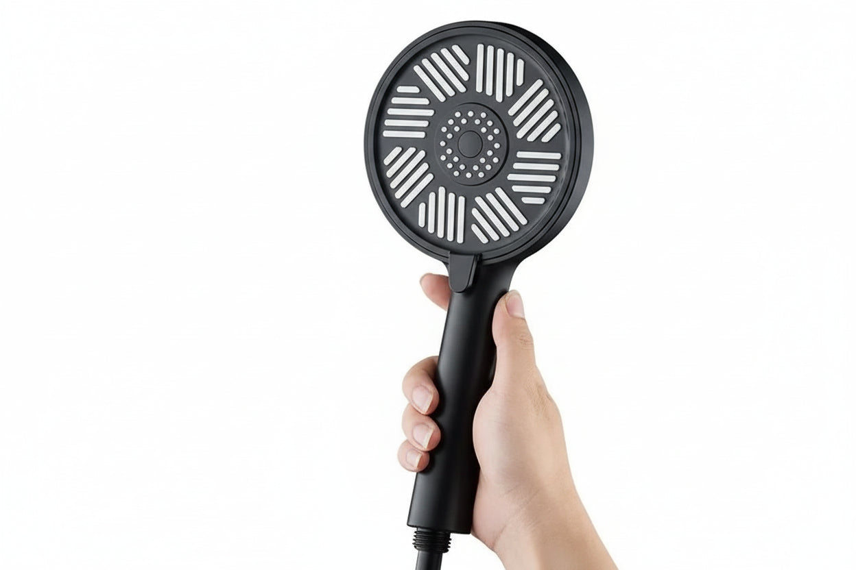 Black round rainfall shower head with high-pressure spray and anti-clog nozzles