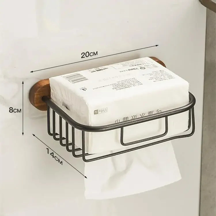 Walnut wood toilet paper holder with integrated shelf, modern bathroom hardware