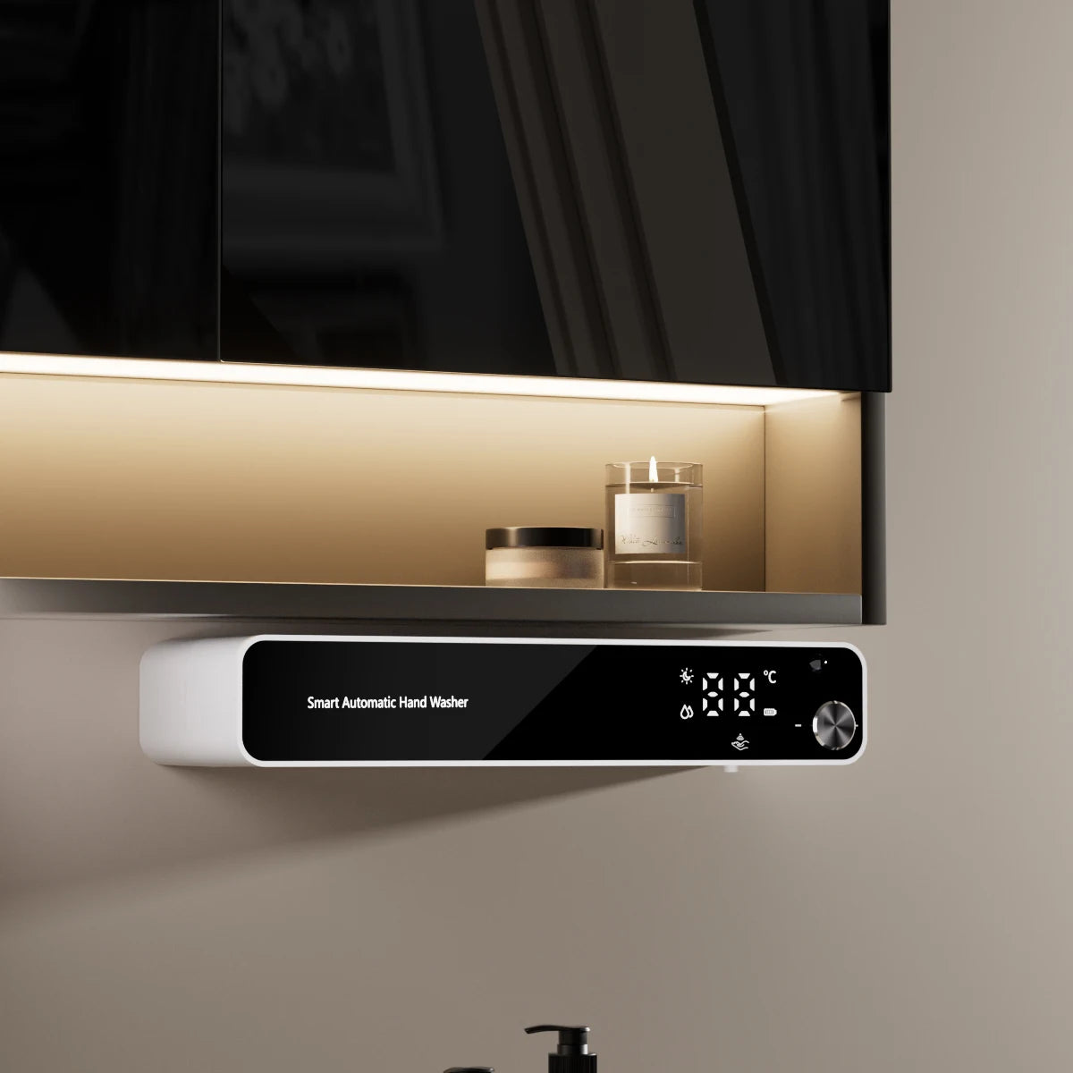 Automatic foam soap dispenser wall mounted in minimalist interior, modern design
