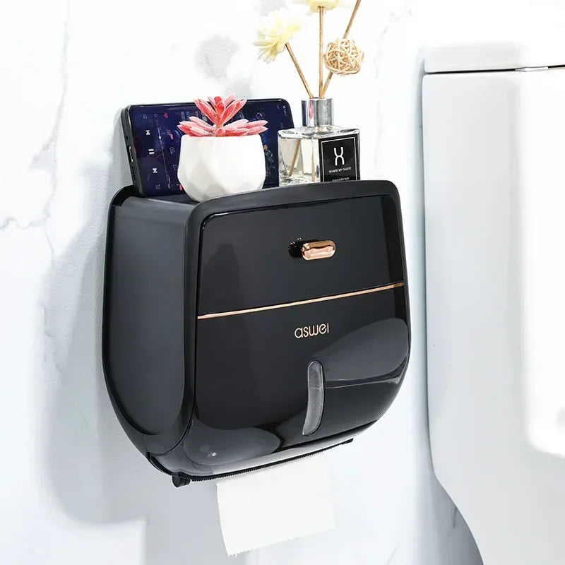 Wall-mounted waterproof toilet paper holder with storage shelf, black bathroom design