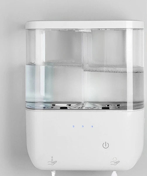 Wall-mounted dual sensor soap dispenser showing two usage styles