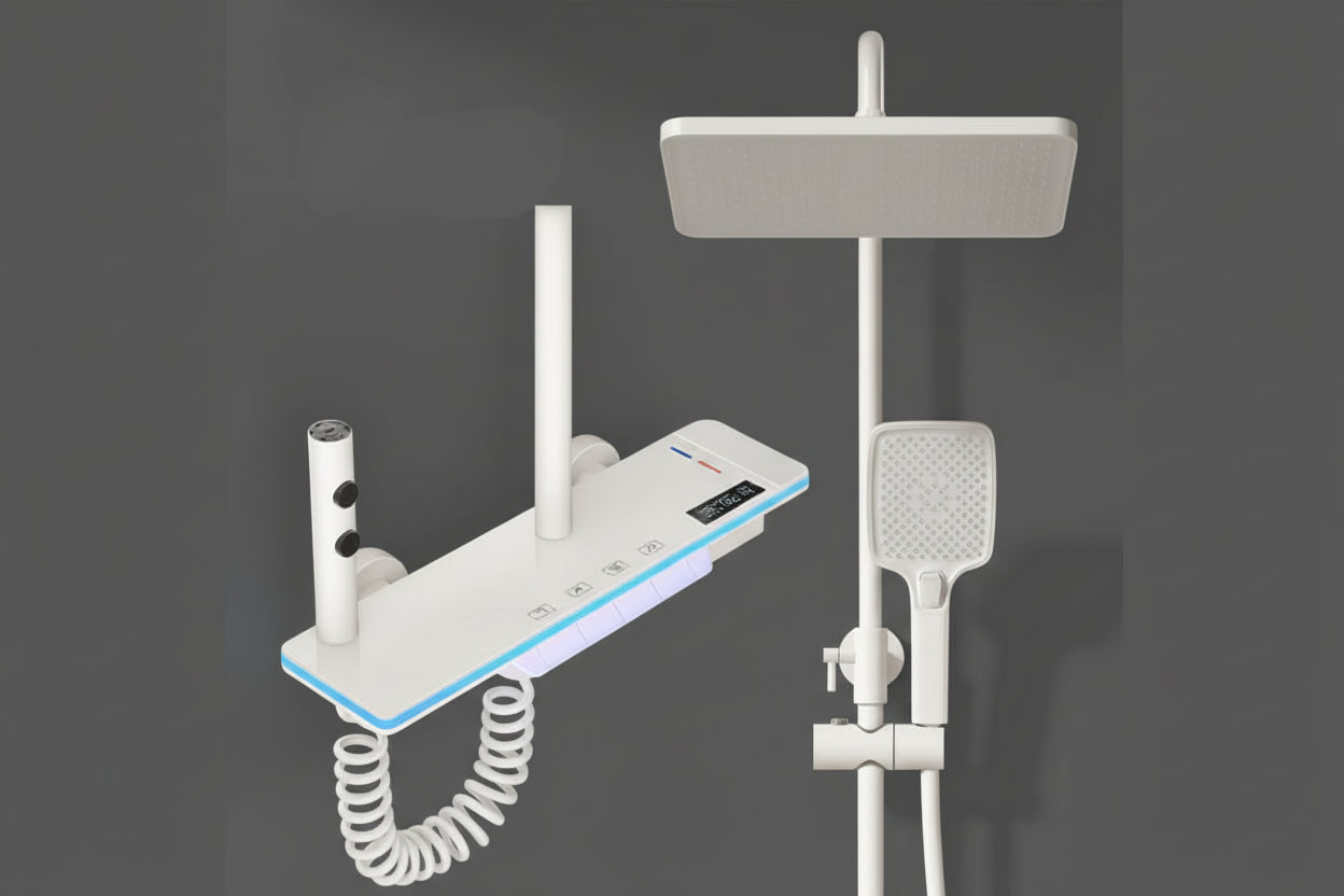 Wall-mounted rainfall shower system with digital temperature display mixer and square overhead shower, white finish