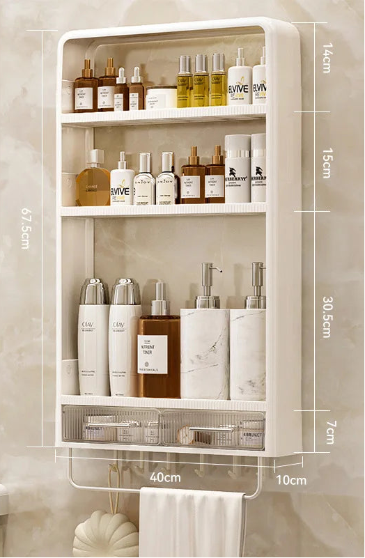Measurement chart of a white wall-mounted shelf with various bottles and containers.