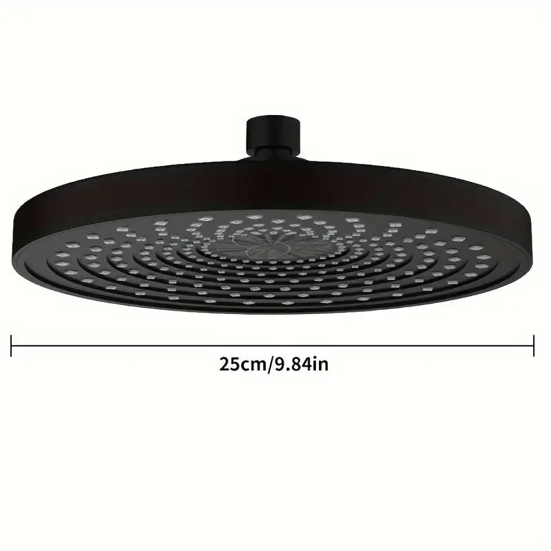 Black 25cm rainfall shower head with high pressure water flow, modern bathroom design