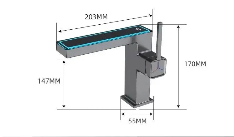 Digital display basin mixer tap with detailed size and dimension measurements