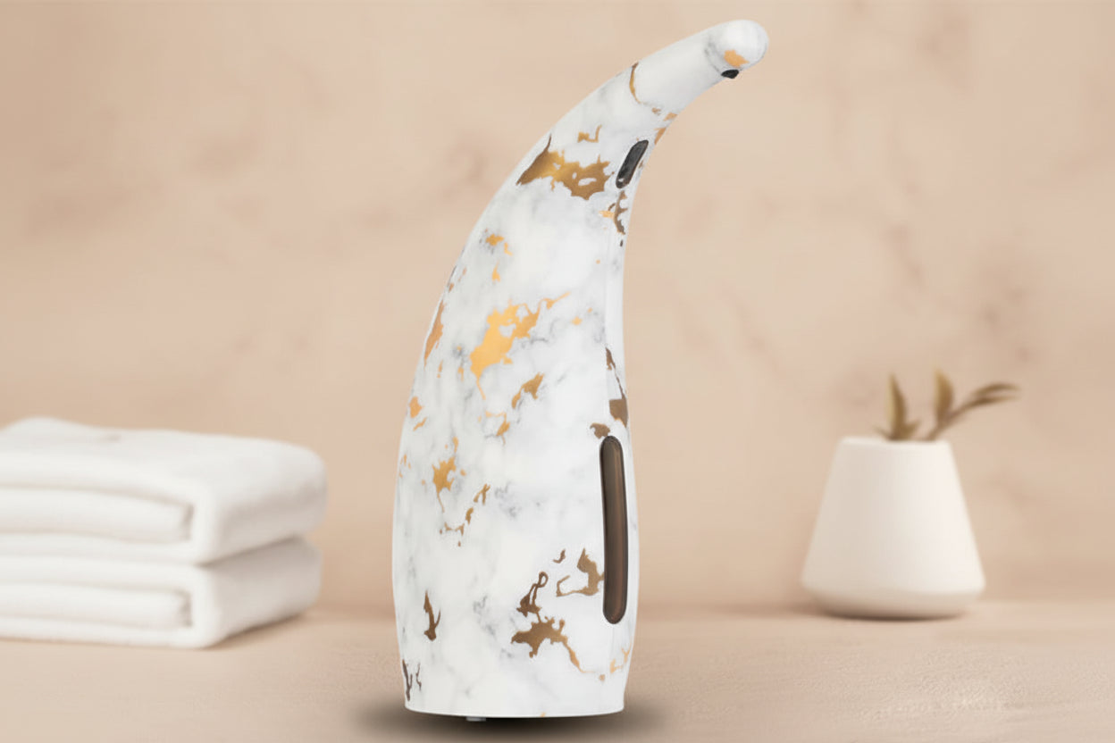 Battery operated liquid soap dispenser in bathroom setting, elegant countertop accessory