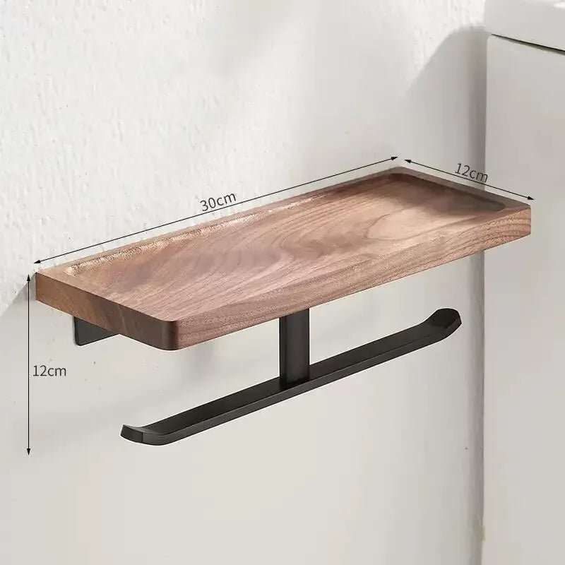 Wooden shelf with black metal bracket on a white wall, showing dimensions.