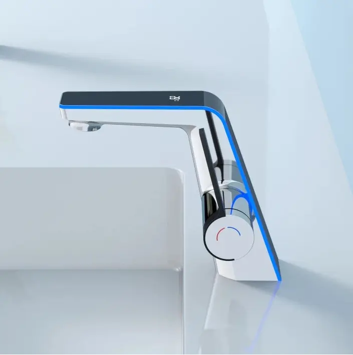 Digital display bathroom basin mixer tap in white finish, modern single-hole faucet with LED temperature display