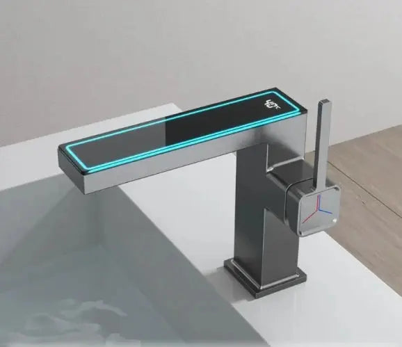 Digital display bathroom basin mixer tap in gun grey finish, single-hole bathroom faucet with LED temperature display