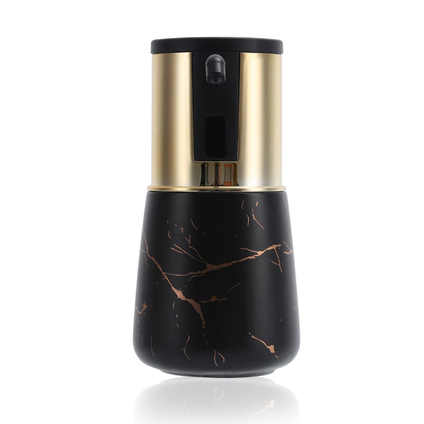 Rechargeable touchless soap dispenser with infrared sensor, black and gold design