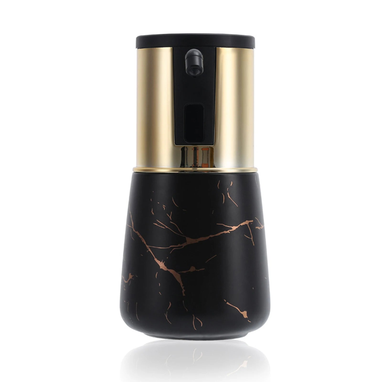 Rechargeable touchless soap dispenser with infrared sensor, black and gold design