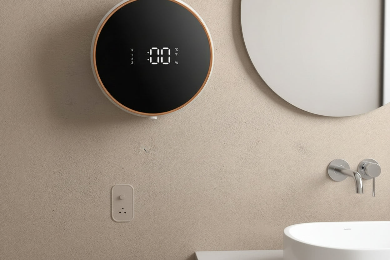 Touchless wall-mounted soap dispenser in bathroom, minimalist and modern design