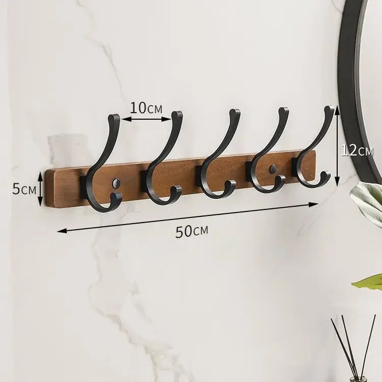 Wooden wall hook with five black hooks, measurements indicated, on a white background.