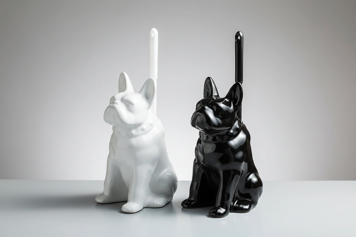 Ceramic toilet brush holder shaped like a French bulldog, shown in white and glossy black finishes, minimalist bathroom accessory.