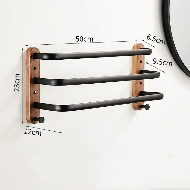 Walnut wood wall-mounted shelf with towel rail and size measurements shown