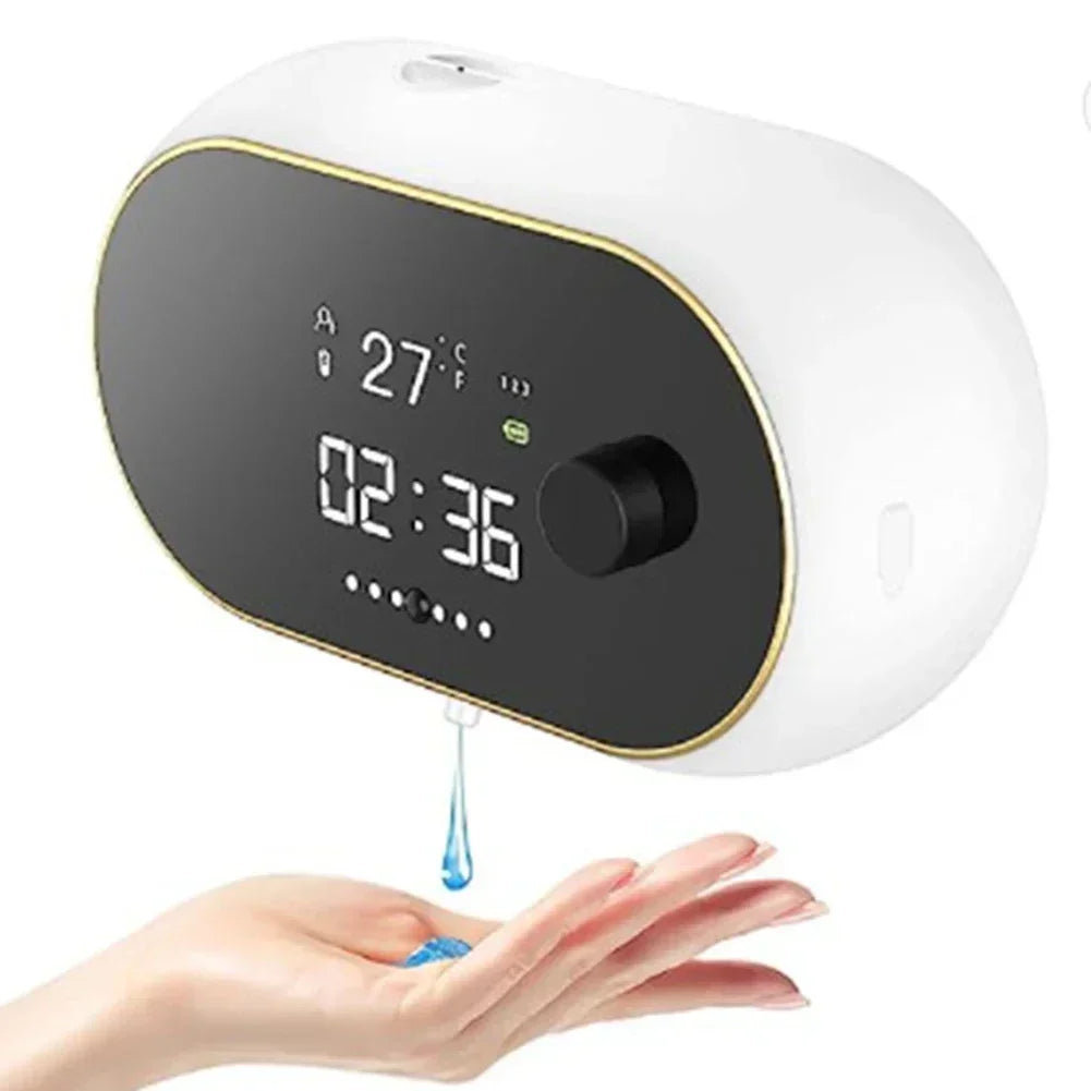 White automatic soap dispenser with LED display, wall-mounted rechargeable design