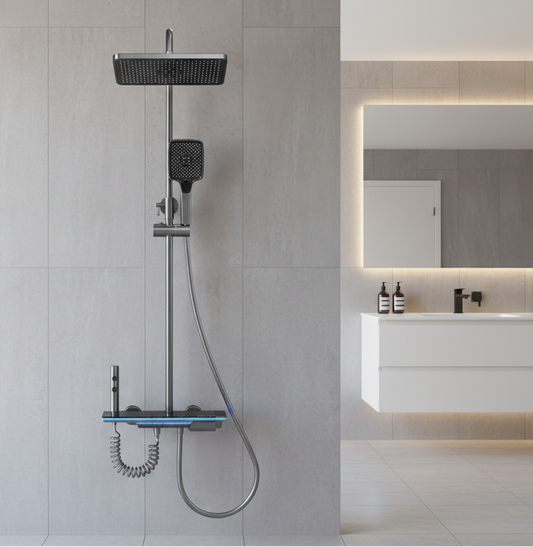 Modern wall-mounted rainfall shower system installed in minimalist bathroom