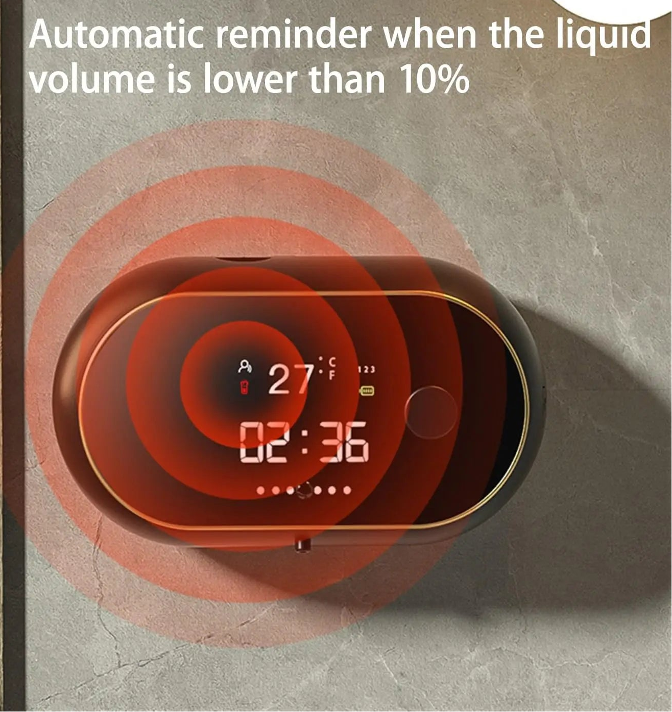 Automatic soap dispenser with LED display showing low liquid level reminder