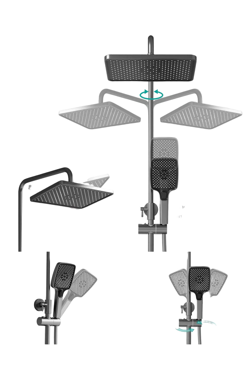 Multi-function wall-mounted rainfall shower system with rotating overhead shower head