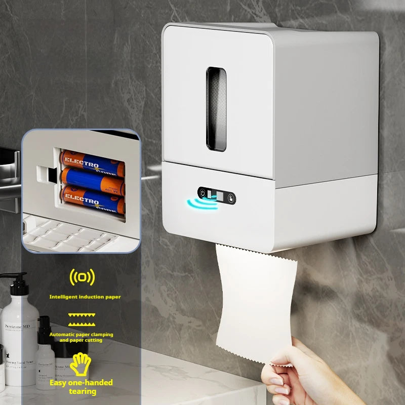 Automatic sensor toilet paper holder  with batteries dispensing tissue, wall-mounted bathroom unit with motion sensor