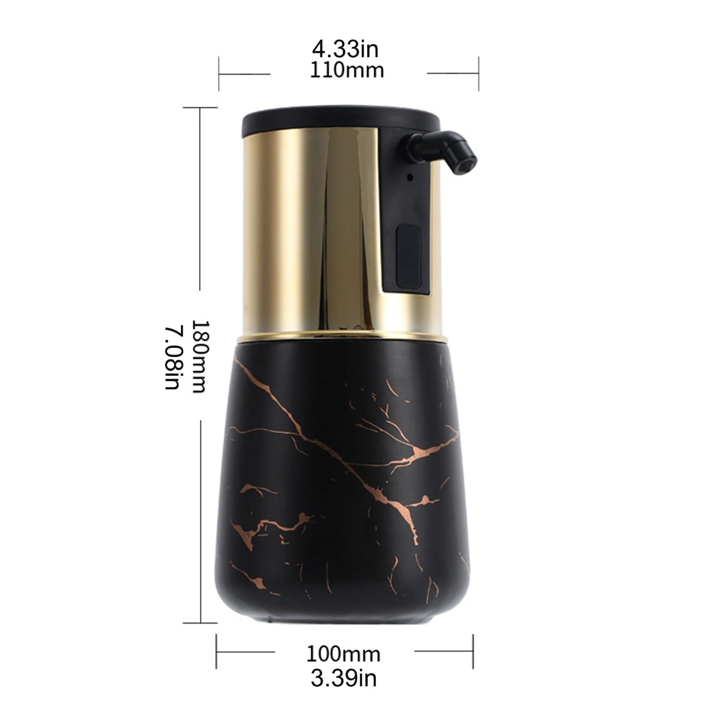 Rechargeable touchless soap dispenser with infrared sensor showing dimensions