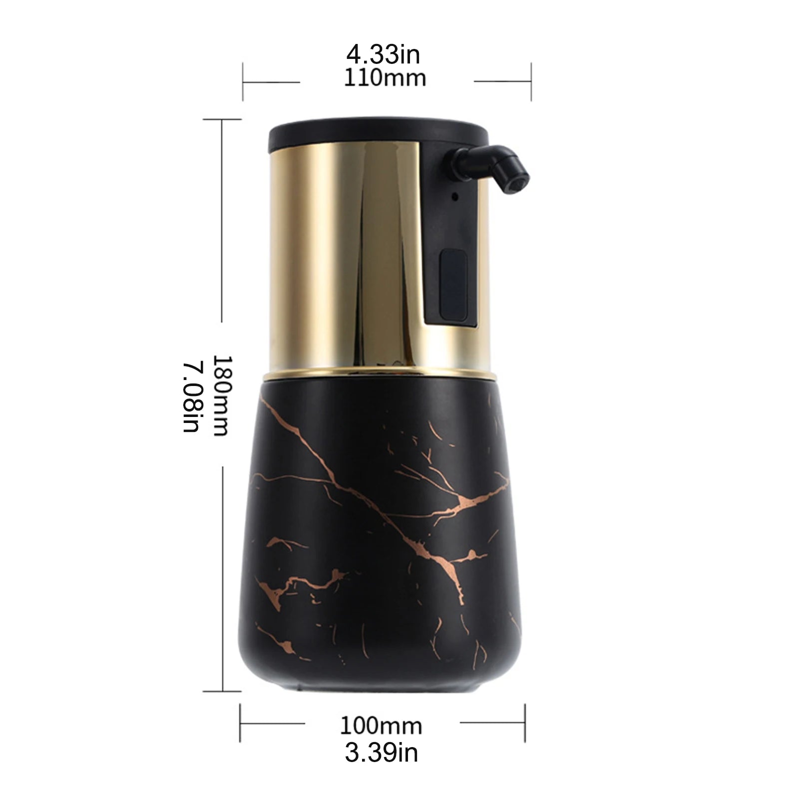 Rechargeable touchless soap dispenser with infrared sensor showing dimensions