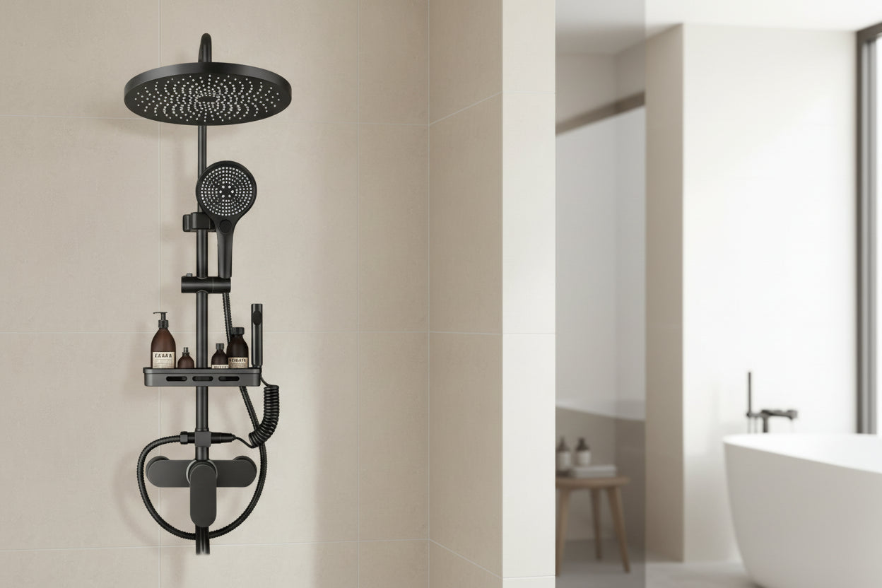 Thermostatic shower mixer with rainfall head and hand shower in contemporary bathroom setting