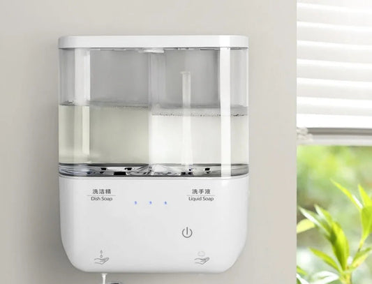 Automatic dual sensor soap dispenser, wall-mounted rechargeable design, white finish