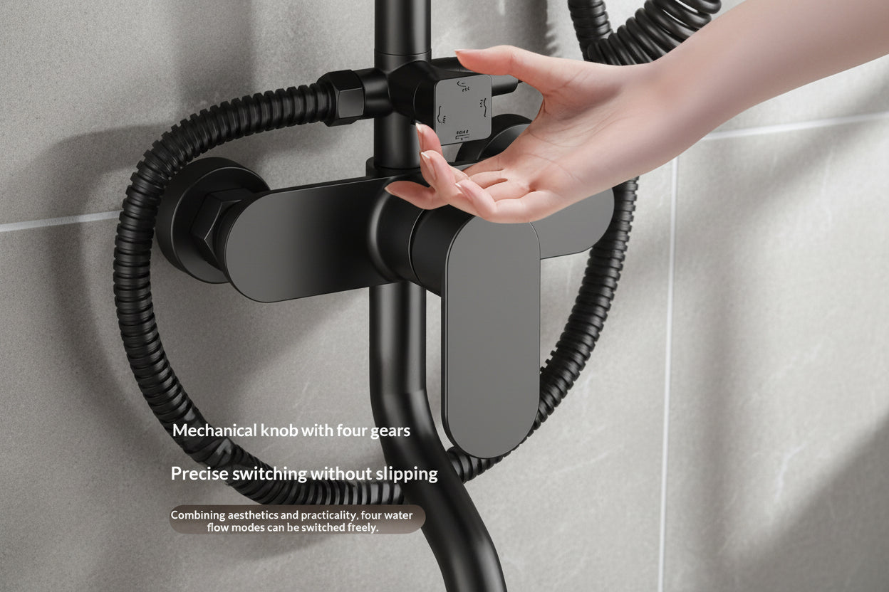 Close-up of thermostatic shower control with rainfall shower system and hand shower