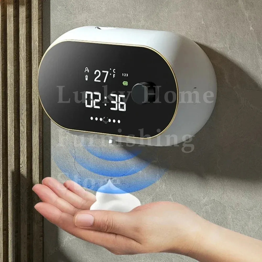 Wall-mounted automatic soap dispenser with LED display in bathroom setting