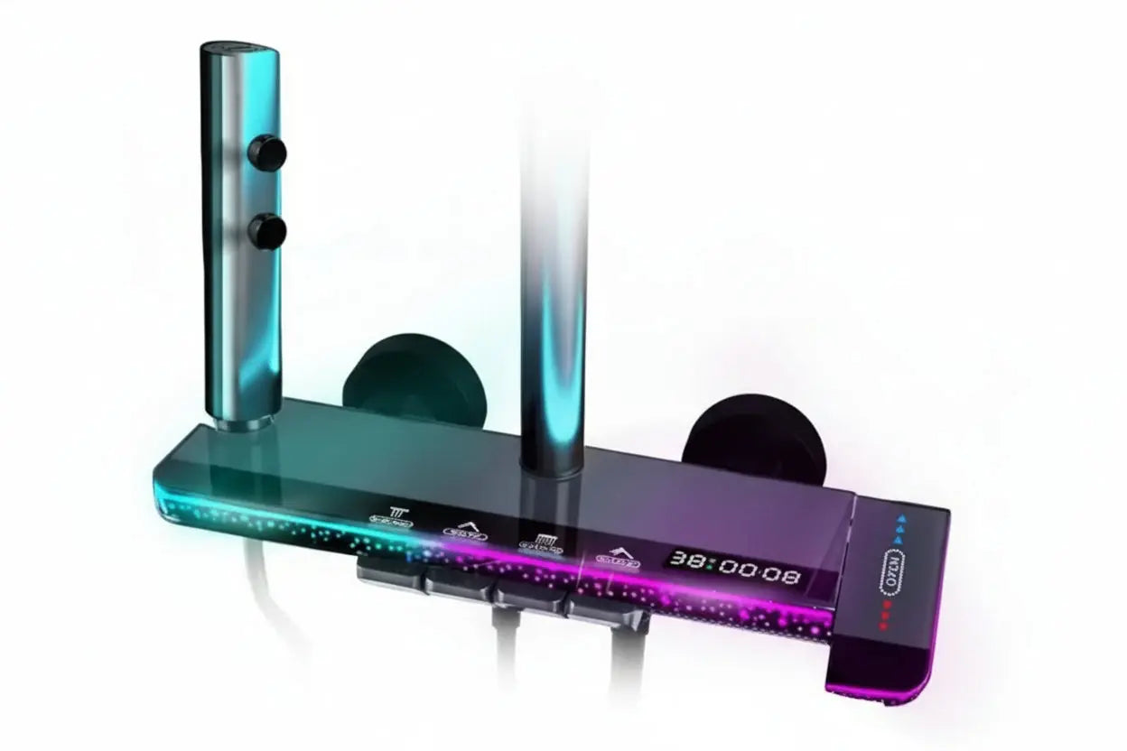 Digital display shower system with LED temperature lighting and four-function control panel