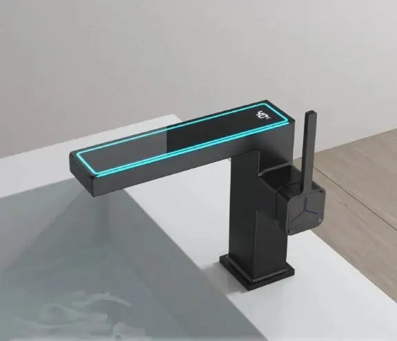 Digital display bathroom basin mixer tap in matte black finish, single-hole bathroom faucet with LED temperature display