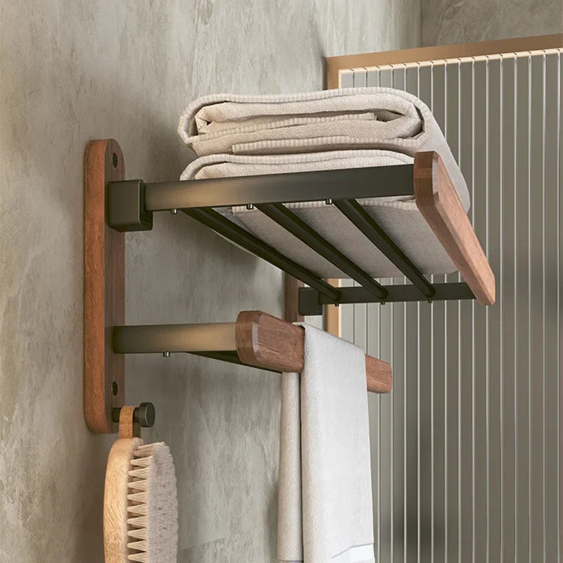 Walnut wood towel rack with upper shelf for folded towels, minimalist bathroom accessory