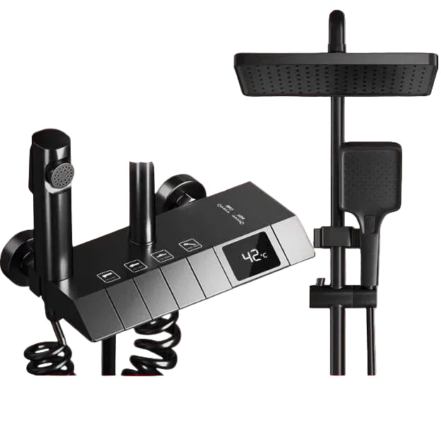 Wall-mounted rainfall shower system with digital temperature display mixer, black finish