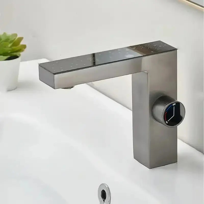 Modern bathroom sink mixer with digital temperature display and side control knob