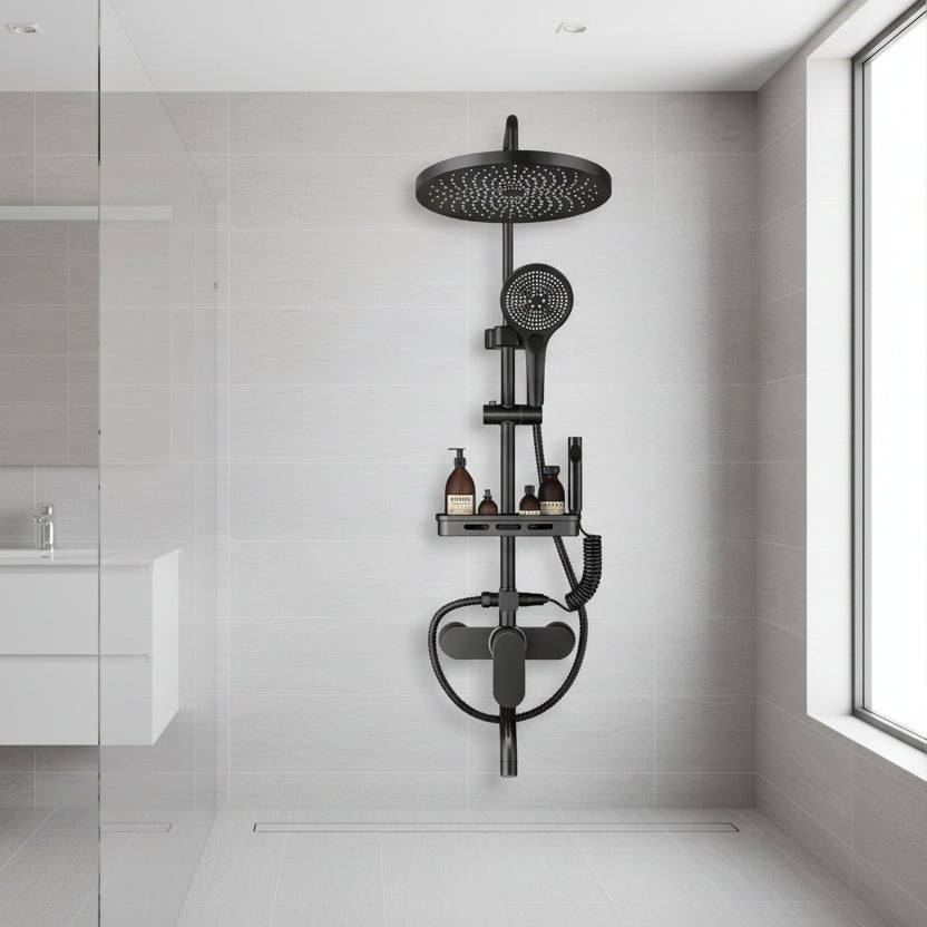 Black thermostatic rainfall shower system with hand shower mounted on grey tiled wall