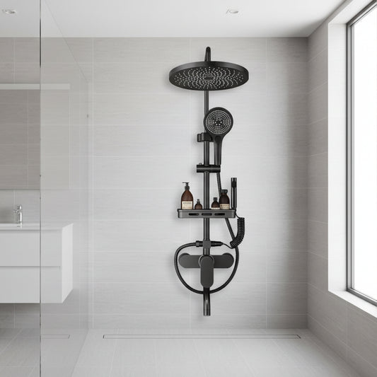 Black thermostatic rainfall shower system with hand shower mounted on grey tiled wall