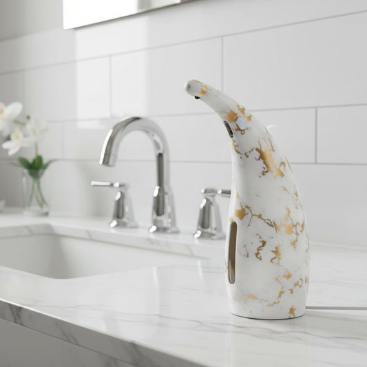 Automatic liquid soap dispenser placed on bathroom countertop, modern design