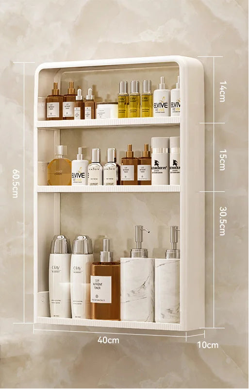 White 3 Layers wall-mounted shelf with various bottles and containers, showing dimensions.