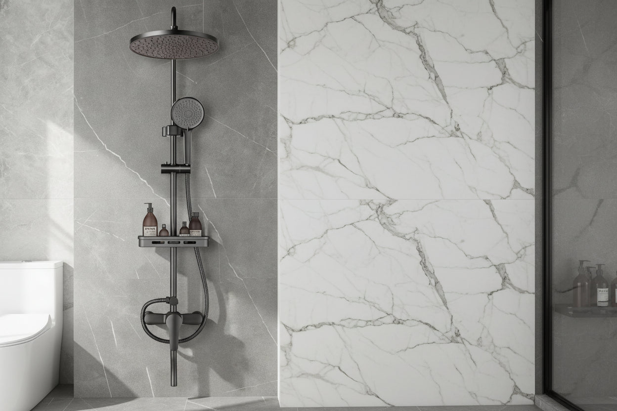 Minimalist bathroom design featuring thermostatic rainfall shower and hand shower set