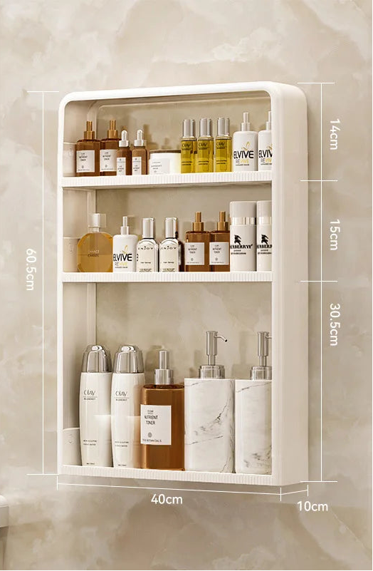 White wall-mounted shelf with skincare products and dimensions labeled