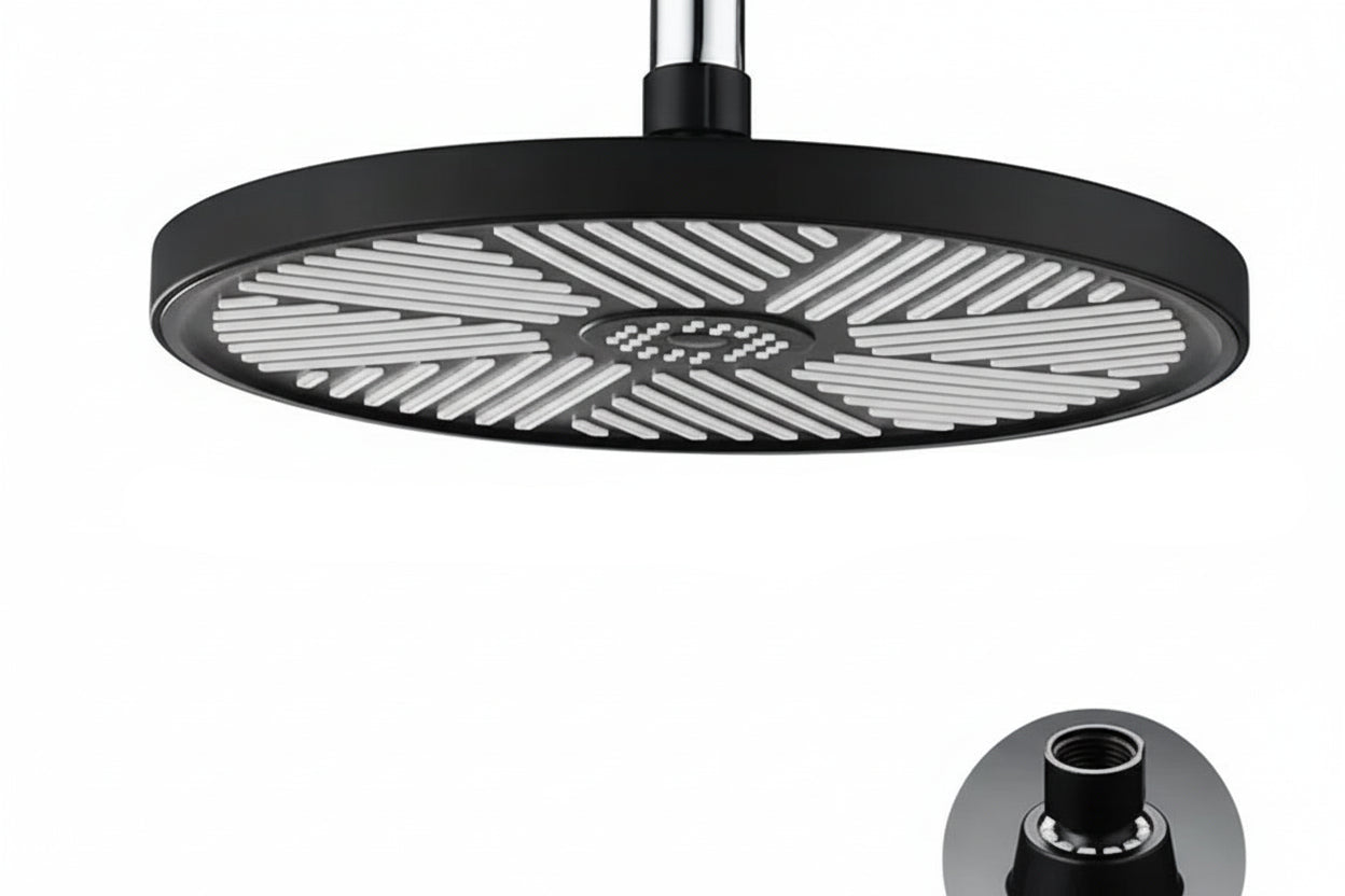 Top-mounted rainfall shower head with high-pressure water flow, black finish