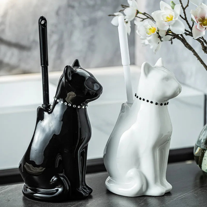 Decorative ceramic cat toilet brush holders in black and white colours