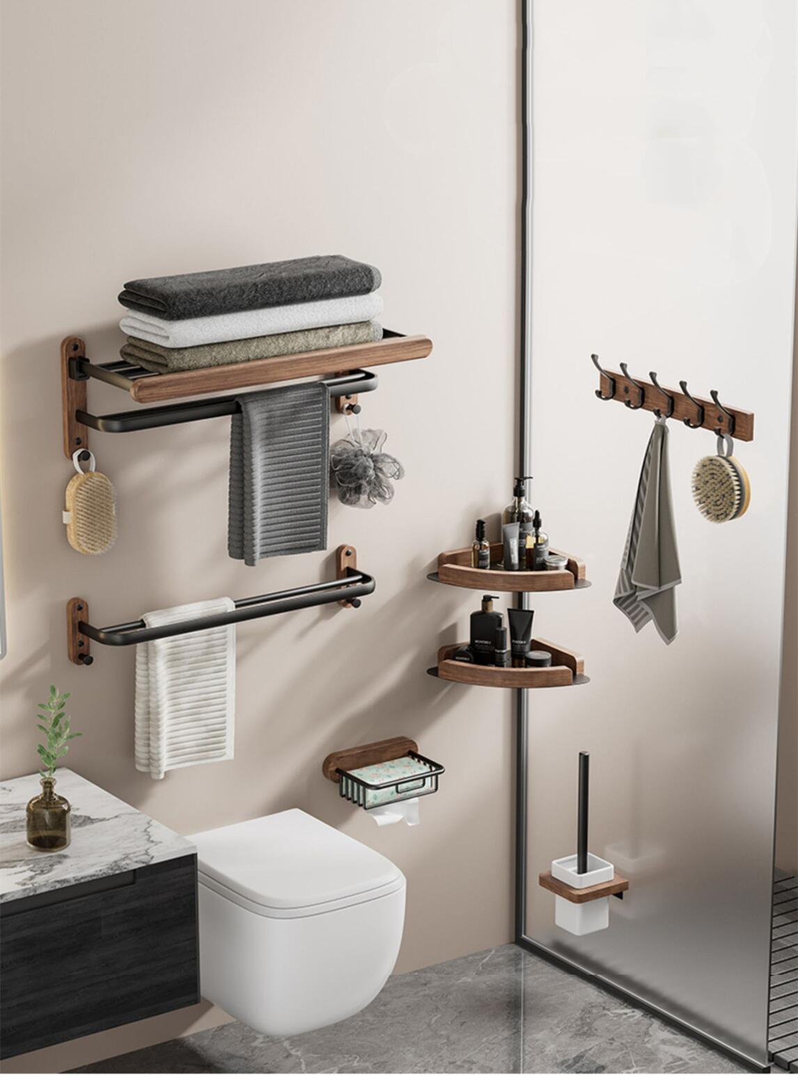 Walnut wood bathroom storage set with towel rack, shelves and toilet brush holder