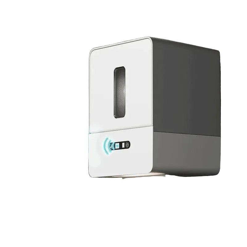 Automatic sensor toilet paper holder shown on white background, waterproof bathroom tissue box