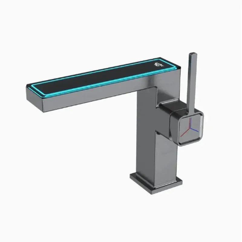 Single-hole bathroom faucet with digital temperature display and modern square design