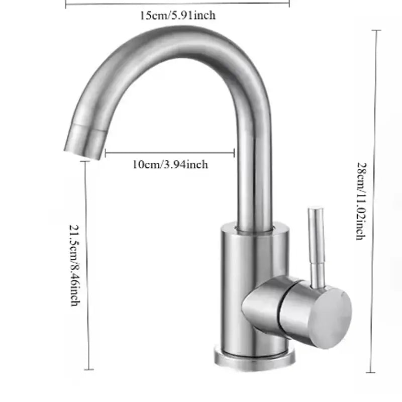 Stainless steel basin mixer tap with size measurements displayed