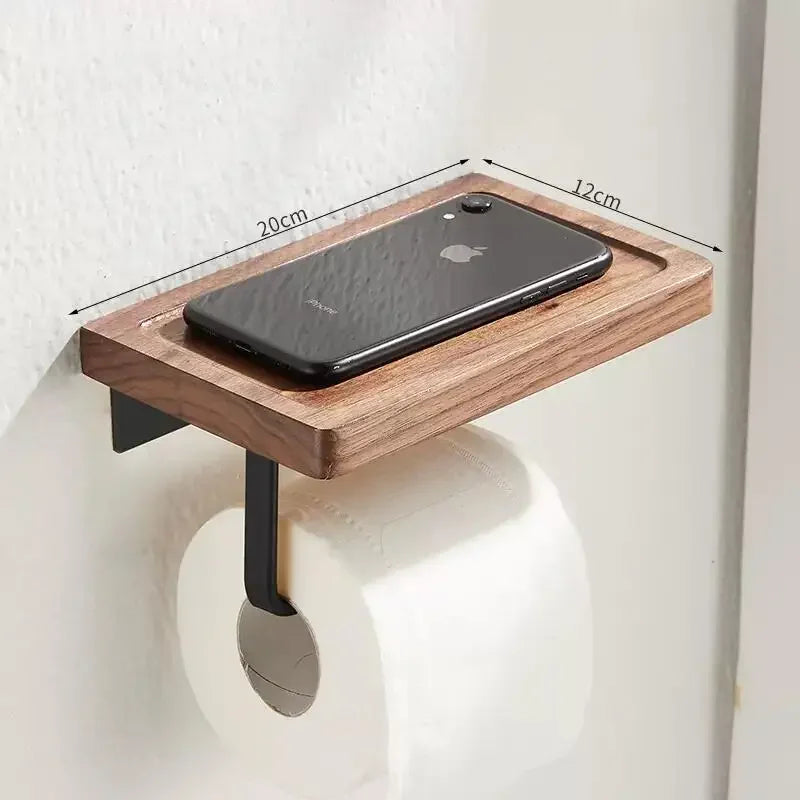 Walnut wood toilet paper holder with top shelf, wall-mounted, black metal bracket