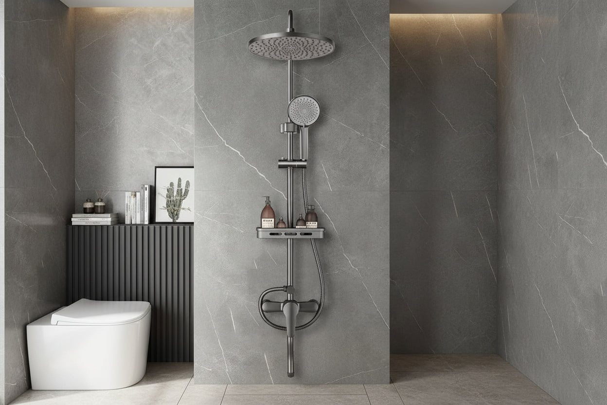 Modern bathroom grey shower system with thermostatic mixer, rainfall head and storage shelf